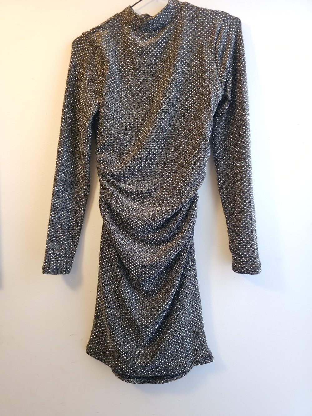 Madden Girl Black Sparkle Long-Sleeve Ruched Mini Dress